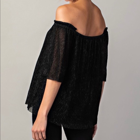 Black Metallic Pleated Off Shoulder Top - Picture 3 of 4